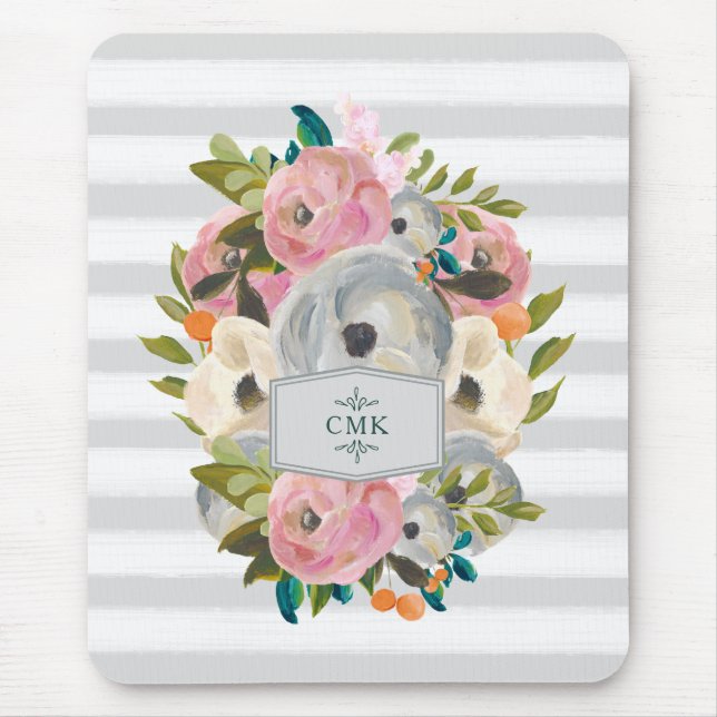 Pretty Watercolor Flowers with Chic Grey Stripes Mouse Mat (Front)