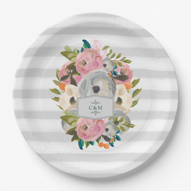 Pretty Watercolor Flowers with Chic Grey Stripes Paper Plate (Front)