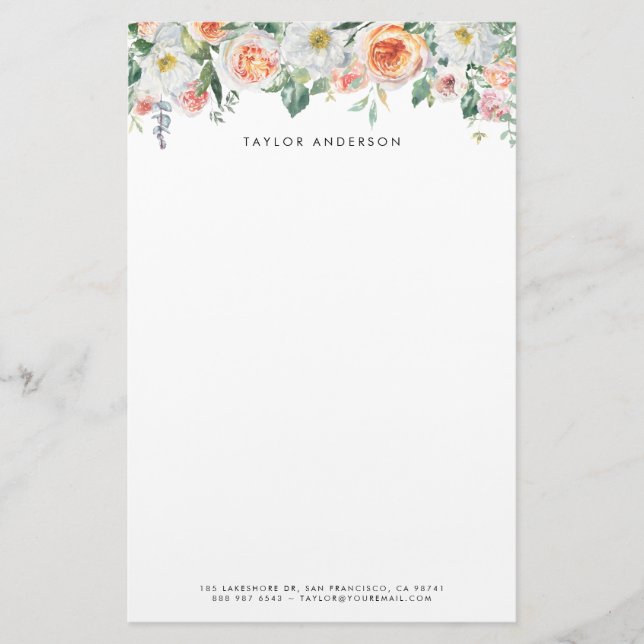 Pretty Watercolor Garden Roses Garland Custom Stationery (Front)