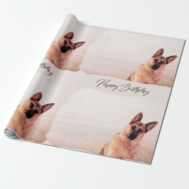 Pretty Watercolor German Shepherd Birthday Wrapping Paper (Unrolled)