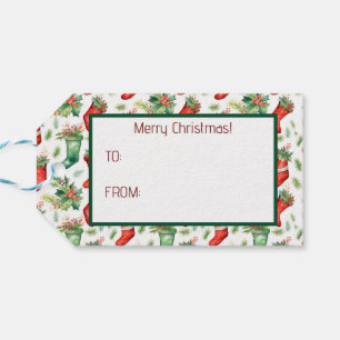Pretty Watercolor Green and Red Stockings Gift Tags