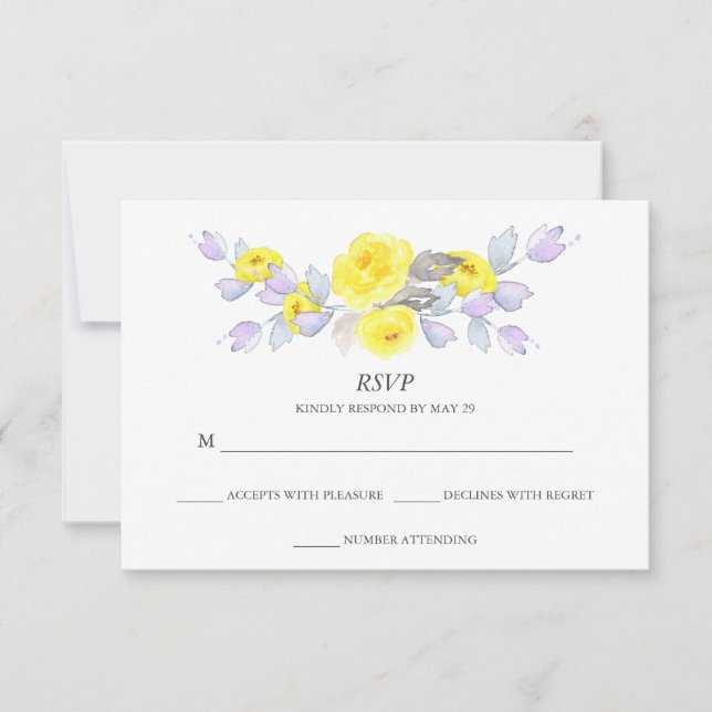 Pretty Watercolor Grey Yellow Purple Roses RSVP (Front)