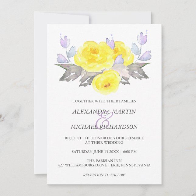 Pretty Watercolor Grey Yellow Purple Roses Wedding Invitation (Front)