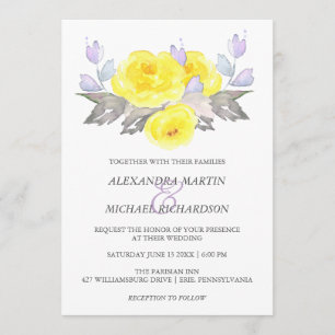 Pretty Watercolor Grey Yellow Purple Roses Wedding Invitation