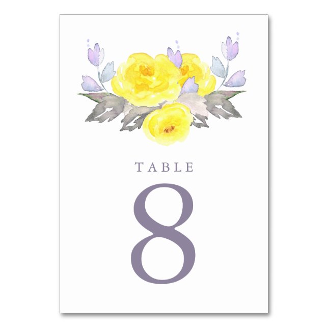 Pretty Watercolor Grey Yellow Purple Roses Wedding Table Number (Front)