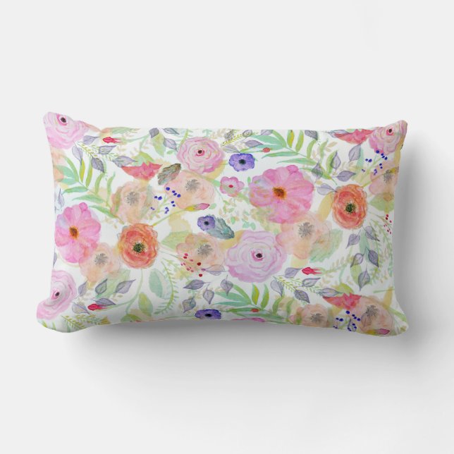 Pretty watercolor hand paint abstract floral lumbar cushion (Front)