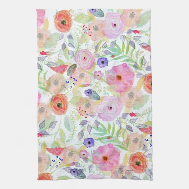 Pretty watercolor hand paint abstract floral tea towel (Vertical)