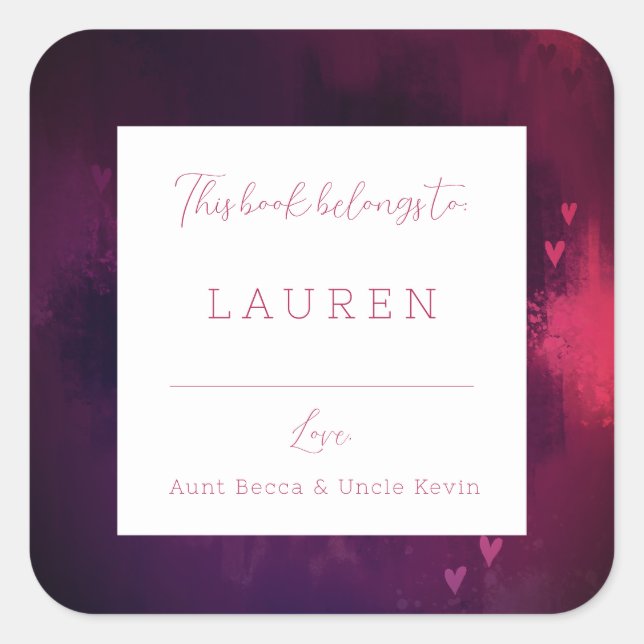 Pretty Watercolor Hearts Valentine Bookplate Square Sticker (Front)