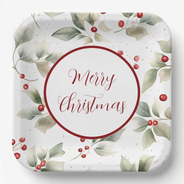 Pretty Watercolor Holly and Berries  Paper Plate (Front)