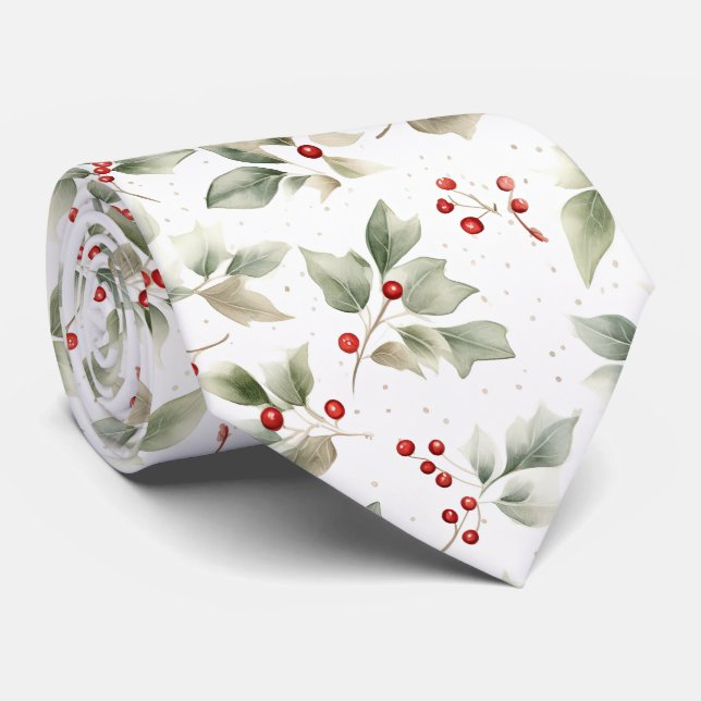 Pretty Watercolor Holly and Berries Tie (Rolled)