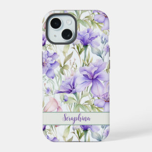 Pretty Watercolor Iris in Purple Custom Name iPhone 15 Case