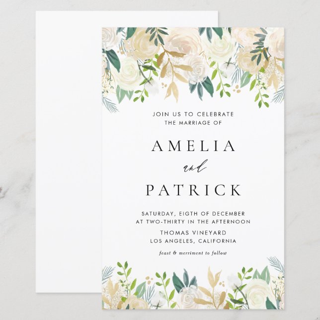 Pretty Watercolor Ivory Peonies Wedding Invitation (Front/Back)