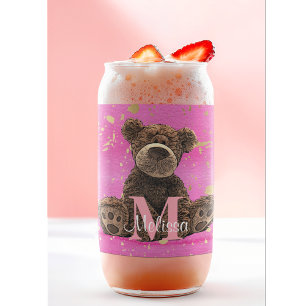Pretty Watercolor Kid's Pink Bear Kid's Drinking Can Glass
