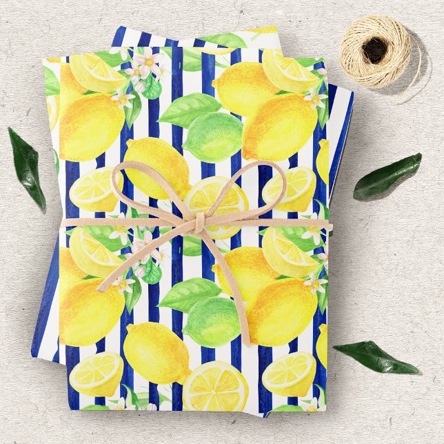 Pretty Watercolor Lemons and Blue Stripes Wrapping Paper Sheet (Creator Uploaded)