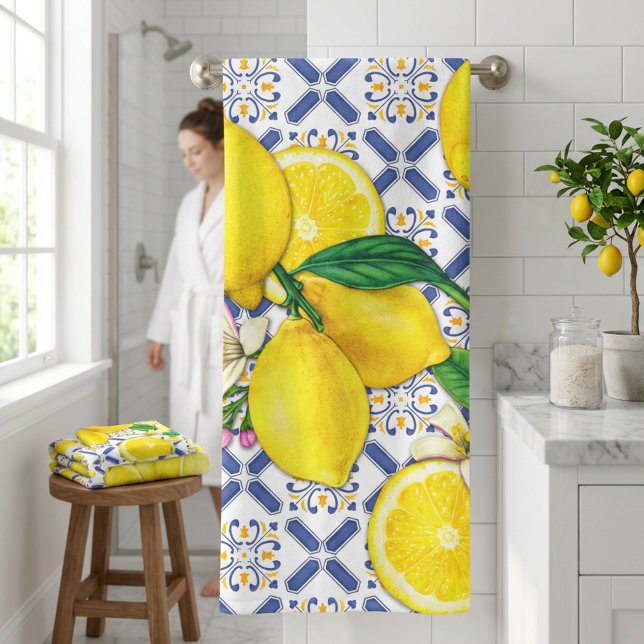 Pretty Watercolor Lemons & Blue Stripes Bath Towel (Pretty Watercolor Lemons & Blue Stripes Bath Towel)
