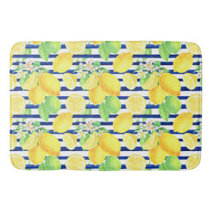 Pretty Watercolor Lemons on Blue Stripes Bathroom Bath Mat