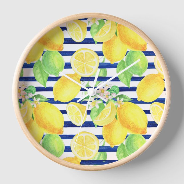 Pretty Watercolor Lemons on Blue Stripes Clock (Front)
