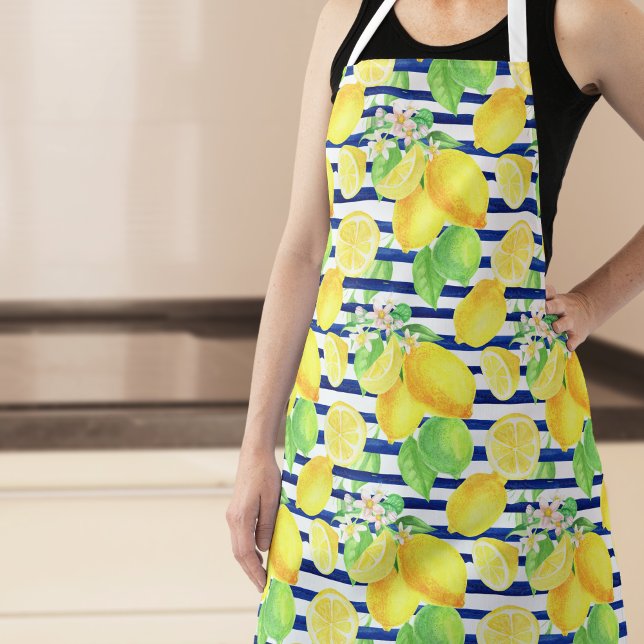 Pretty Watercolor Lemons on Blue Stripes Kitchen Apron (Creator Uploaded)