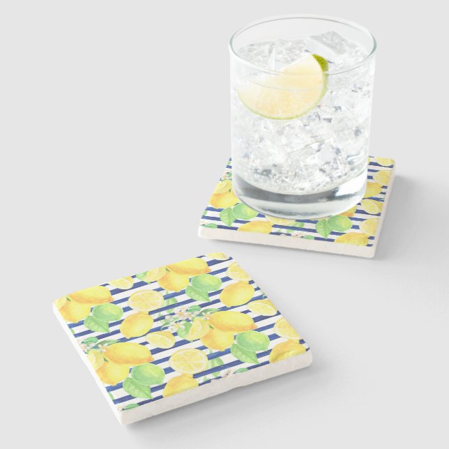 Pretty Watercolor Lemons on Blue Stripes Stone Coaster (Side)