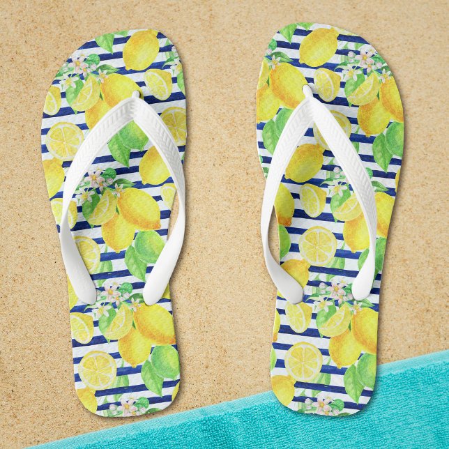 Pretty Watercolor Lemons on Blue Stripes Summer Flip Flops (Creator Uploaded)