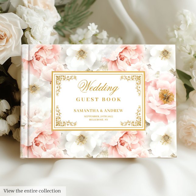 Pretty watercolor light pink flowers gold wedding guest book (Pretty watercolor light pink flowers gold wedding Guest Book)