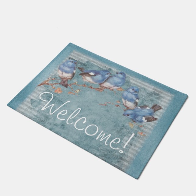 Pretty Watercolor Little Blue Birds Welcome Doormat (Angled)