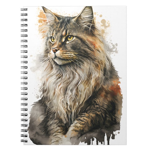 PRETTY WATERCOLOR MAINE COON CAT NOTEBOOK (Front)
