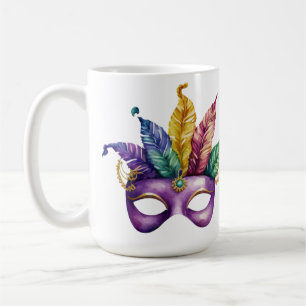 PRETTY WATERCOLOR MARDI GRAS MASK WITH FEATHERS COFFEE MUG