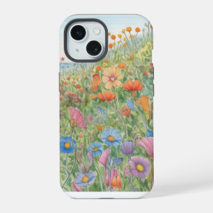Pretty Watercolor Meadow of Pastel Wildflowers iPhone 15 Case