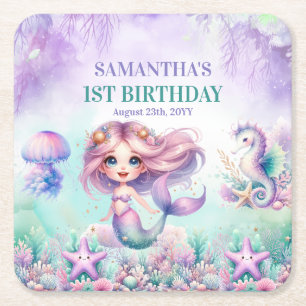 Pretty watercolor mermaid watercolor purple teal square paper coaster