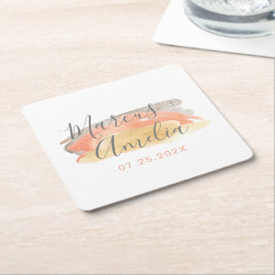 Pretty Watercolor Minimalist Wedding  Square Paper Coaster