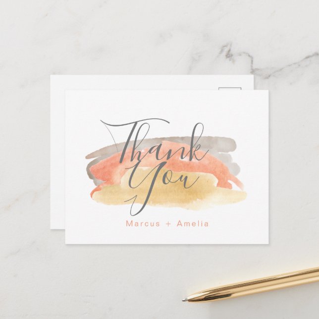 Pretty Watercolor Minimalist Wedding  Thank You  Postcard (Front/Back In Situ)