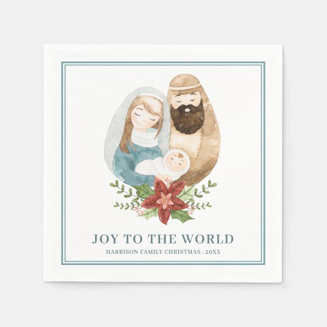 Pretty Watercolor Nativity Baby Jesus Christmas Napkin (Front)