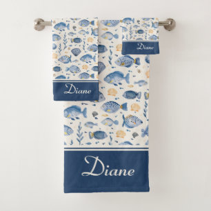 Pretty Watercolor Ocean Fishes Pattern with Name Bath Towel Set
