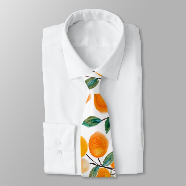 Pretty Watercolor Orange Citrus Botanical Pattern Tie (Tied)