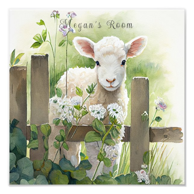 Pretty Watercolor Painting Lamb White Flowers   Photo Print (Front)
