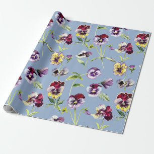 Pretty Watercolor Pansies Pattern Cerulean Blue Wrapping Paper
