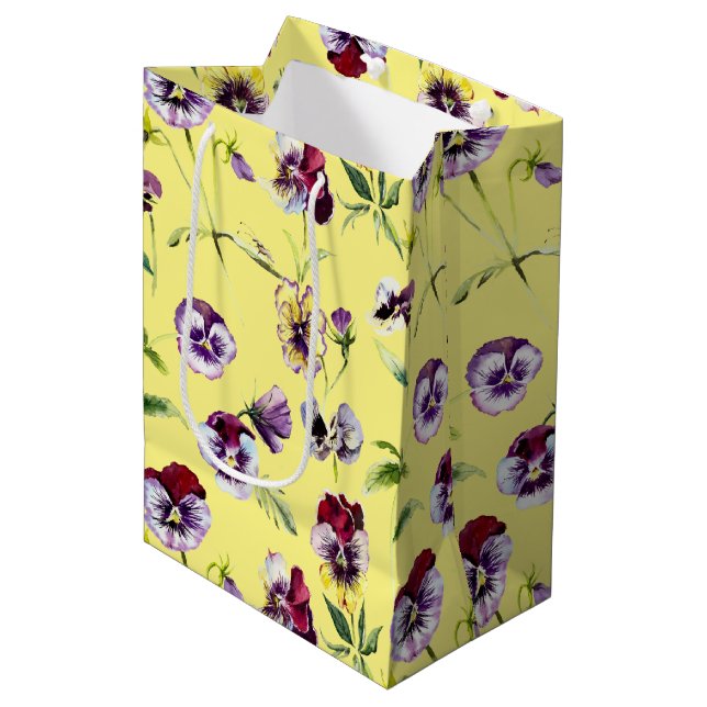 Pretty Watercolor Pansies Pattern on Yellow Medium Gift Bag (Front Angled)