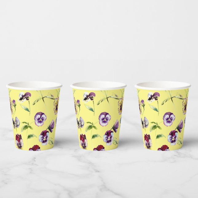 Pretty Watercolor Pansies Pattern on Yellow    Paper Cups (Multi)