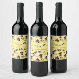 Pretty Watercolor Pansies Pattern on Yellow Wine Label