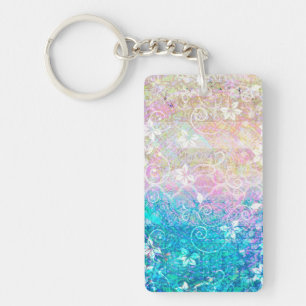Pretty Watercolor Pastel Floral Pink and Blue Key Ring