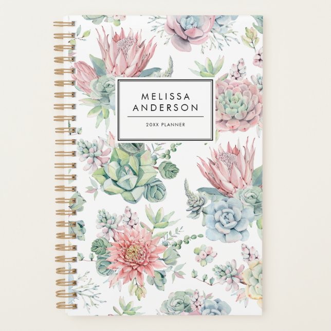 Pretty Watercolor Pastel Succulents Pattern Custom Planner (Front)