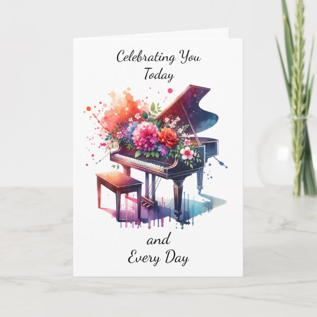 Pretty Watercolor Piano and Flowers Birthday Card (Front)