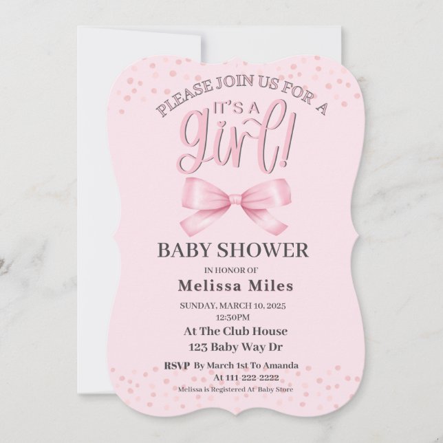 Pretty Watercolor Pink Bow Girl Baby shower  Invitation (Front)