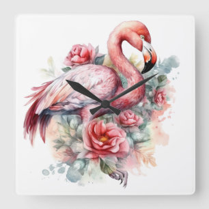 PRETTY WATERCOLOR PINK FLAMINGO WITH FLOWERS SQUARE WALL CLOCK