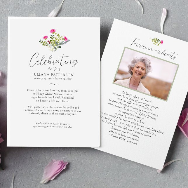 Pretty Watercolor Pink Floral Celebration of Life  Invitation (Creator Uploaded)