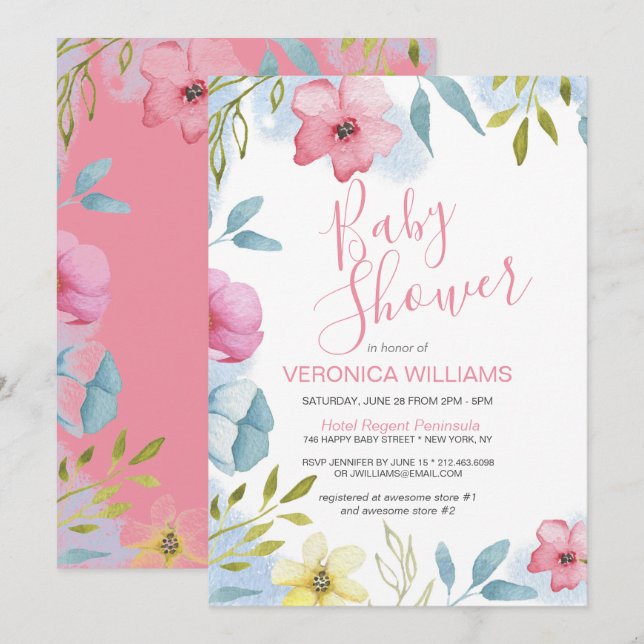 Pretty Watercolor Pink Floral Girl Baby Shower Invitation (Front/Back)