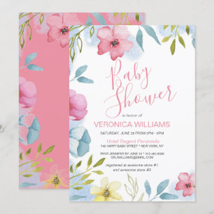 Pretty Watercolor Pink Floral Girl Baby Shower Invitation