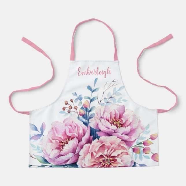 Pretty Watercolor Pink  Floral Peonies Girls Apron (Front)