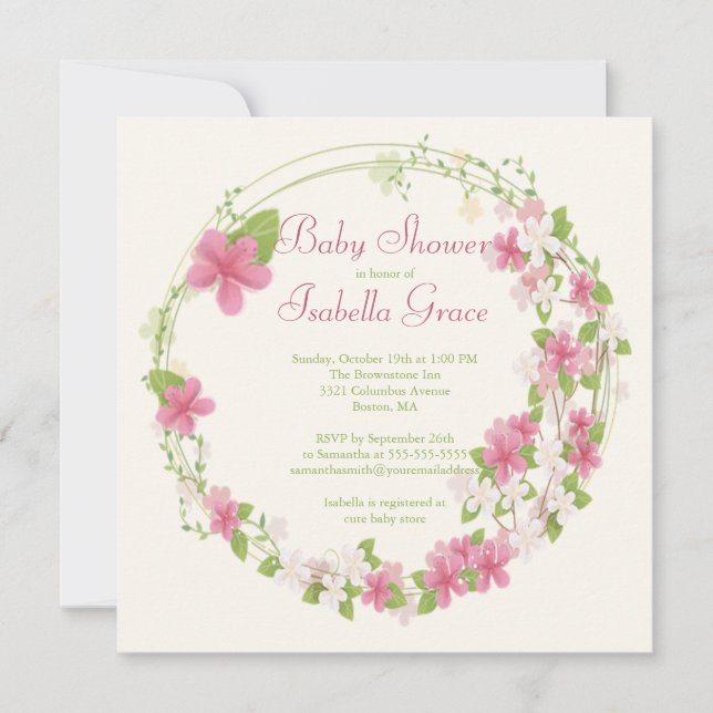 Pretty Watercolor Pink Floral Wreath Baby Shower Invitation (Front)
